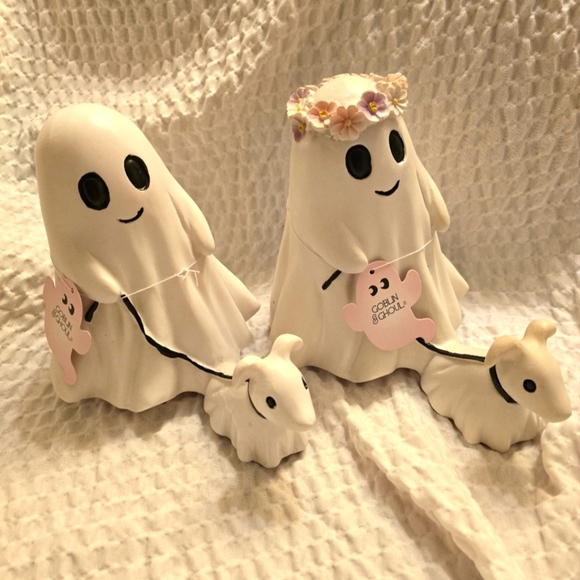 Whimsical Set of 2 Halloween Ghost Walking Dog Goblin & Ghoul Boy Girl - Picture 1 of 1